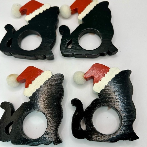 Sold 4 Vintage Black Cat In Santa Hat With Pom Pom Pom Whimsical napkin rings - Picture 3 of 3